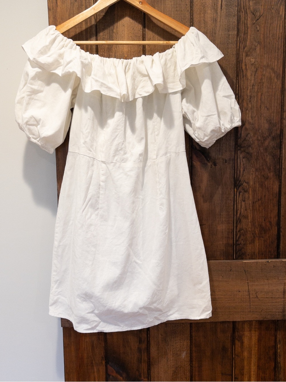 H&M Linen Blend Ruffle Puff Sleeve Mini Dress 12 Large Romantic Feminine